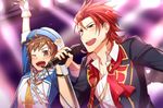  :d ;) alternate_costume arm_up blush brown_eyes collarbone gran_(granblue_fantasy) granblue_fantasy hair_slicked_back idol jacket kimi_to_boku_no_mirai long_sleeves male_focus microphone multiple_boys one_eye_closed open_clothes open_jacket open_mouth percival_(granblue_fantasy) red_eyes red_hair smile stage_lights the_dragon_knights upper_body wa_ga_ne 