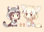 2girls :&gt; animal_ears arms_between_legs beige_background black_bow black_eyes black_hair black_neckwear black_skirt blonde_hair blush bow bowtie chibi chin_rest closed_mouth common_raccoon_(kemono_friends) eyebrows_visible_through_hair fang fennec_(kemono_friends) flower fox_ears fox_tail from_side full_body grey_hair jitome kemono_friends konno_(pixiv_23416142) looking_at_viewer multiple_girls open_mouth own_hands_together pantyhose pleated_skirt raccoon_ears raccoon_tail revision simple_background sitting skirt tail v_arms yellow_bow yellow_legwear yellow_neckwear 