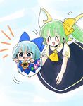  :d ^_^ absurdres blue_bow blue_dress blue_eyes blue_hair blue_skirt blue_vest bow cirno closed_eyes commentary daiyousei dress fairy_wings flower flying green_hair hair_bow highres komaku_juushoku minigirl morning_glory multiple_girls open_mouth outstretched_arms pink_flower puffy_short_sleeves puffy_sleeves short_sleeves side_ponytail skirt smile sunflower touhou v-shaped_eyebrows vest wings yellow_bow 