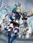  aqua_hair armor bird boots cardfight!!_vanguard company_name direct_owlner_debihira feathered_wings feathers fingerless_gloves full_body gloves long_hair matsurika_youko midriff navel official_art open_mouth owl ponytail sword teeth thighhighs weapon wings yellow_eyes 