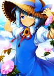  adjusting_clothes adjusting_hat alternate_headwear arms_up blue_dress blue_eyes blue_hair blue_sky cirno cloud day dress flower hat hat_ribbon hidden_star_in_four_seasons leaf looking_at_viewer plant puffy_sleeves ribbon short_sleeves sky solo sorakara straw_hat sunflower tan tanned_cirno tears touhou vines 