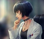  bangs blunt_bangs choker finger_to_chin highres id_card jewelry labcoat nail_polish namako_mikan necklace parted_lips persona persona_5 short_hair solo takemi_tae upper_body 