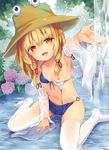  :d arm_up armpits bikini blonde_hair blush breasts brown_eyes commentary_request day detached_sleeves eyebrows_visible_through_hair hair_over_breasts hat kedama_milk moriya_suwako nipples o-ring o-ring_bikini open_mouth outdoors outstretched_arm outstretched_hand partially_submerged pyonta shirt sitting small_breasts smile solo swimsuit thighhighs touhou untied untied_bikini wariza water waterfall wet wet_clothes wet_shirt white_legwear wide_sleeves 