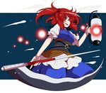  blue_dress breasts dress eichi_yuu floating_lights hair_bobbles hair_ornament holding lantern large_breasts light onozuka_komachi open_mouth orb puffy_short_sleeves puffy_sleeves red_eyes red_hair scythe short_sleeves smile solo touhou two_side_up 