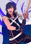  blue_eyes blue_hair cape fire_emblem fire_emblem:_kakusei holding holding_sword holding_weapon kazuha_(kazuha1003) krom male_focus pauldrons shouting solo sword weapon 