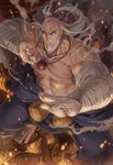  &gt;:( abs bald bandages barefoot beard chest closed_mouth collarbone dougi eyebrows facial_hair fighting_stance frown full_body gouken grey_hair hands_up keg long_hair looking_at_viewer male_focus muscle old_man red_eyes rope rubble scar serious shimenawa shirtless smoke solo sparks standing stomach street_fighter street_fighter_iv_(series) toes v-shaped_eyebrows 