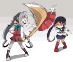  2girls ahoge akebono_(kantai_collection) bangs blush boots closed_umbrella cross-laced_footwear dokan_(dkn) eyebrows_visible_through_hair full_body grey_hair grey_legwear hair_ornament hair_ribbon hitting holding holding_umbrella kantai_collection kiyoshimo_(kantai_collection) lace-up_boots long_hair long_sleeves multiple_girls open_mouth pantyhose purple_hair red_footwear red_umbrella ribbon school_uniform serafuku shirt short_sleeves simple_background skirt sparkle standing sweat sweatdrop twintails umbrella very_long_hair white_shirt 