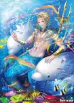  blonde_hair bracelet bubble circlet copyright_name dolphin fish force_of_will full_body green_eyes jewelry male_focus matsurika_youko merman monster_boy navel necklace official_art polearm shirtless solo sparkle submerged trident triton_(force_of_will) underwater water weapon 