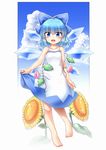  bangs barefoot blue_eyes blue_hair bow cirno cloud day dress eyebrows eyebrows_visible_through_hair flower hair_between_eyes hair_bow hidden_star_in_four_seasons highres ice ice_wings leaf looking_at_viewer m9kndi open_mouth plant short_hair sky solo sundress sunflower tanned_cirno touhou vines white_dress wings 