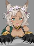  :o animal_ears bare_shoulders blush breasts cat_paws claws cleavage dark_skin downblouse erune flower granblue_fantasy green_eyes grey_background hair_flower hair_ornament hairband isshiki_(ffmania7) looking_at_viewer melleau open_mouth paws short_hair silver_hair small_breasts solo tareme teeth twitter_username 