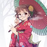  adjusting_eyewear alternate_costume brown_eyes brown_hair glasses hair_ornament japanese_clothes kantai_collection kimono lips long_sleeves obi oriental_umbrella pince-nez roma_(kantai_collection) sash short_hair smile snow solo tree umbrella urara_(ckt) wide_sleeves 