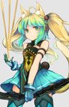  ahoge animal_ears arrow atalanta_(fate) bare_shoulders blonde_hair bow_(weapon) cat_ears cat_tail closed_mouth commentary_request cowboy_shot dress fate/apocrypha fate_(series) gloves green_dress green_eyes green_gloves green_hair green_legwear hair_bobbles hair_ornament holding holding_bow_(weapon) holding_weapon long_hair looking_at_viewer multicolored_hair otogi_kyouka solo tail thighhighs twintails two-tone_hair weapon 