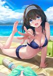 arm_support azuki_yui barefoot beach beach_towel bikini black_hair blue_eyes blue_sky blush bottle breasts cloud day feet front-tie_top hair_between_eyes hat highres idolmaster idolmaster_cinderella_girls light_rays long_hair looking_at_viewer low-tied_long_hair medium_breasts mountain nail_polish navel out_of_frame outdoors plaid plaid_background plaid_bikini pov pov_hands reaching_out sagisawa_fumika sky solo_focus swimsuit towel water water_bottle 
