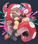  artist_name belt bike_shorts blurry boots crazy_eyes depth_of_field domino_mask fangs fingerless_gloves fusion gloves highres inkling mask midriff mojaranmo navel octarian octoling outstretched_arm paint_splatter pointy_ears splatoon_(series) splatoon_1 squid sweat takozonesu tank_top tentacle_hair tongue tongue_out 