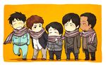  arino_shin'ya bad_id bad_pixiv_id beard black_hair brown_hair chibi coat covered_mouth facial_hair full_body gamecenter_cx inoue_yuuya kita_(nana0015) lineup looking_at_another male_focus multiple_boys no_mouth orange_background sasano_hiroshi scarf shared_scarf short_hair simple_background toujima_shin'ichirou uniform urakawa_shun 