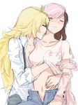  arm_around_waist blonde_hair blush breast_grab breasts brown_hair cleavage closed_eyes frown grabbing hand_under_clothes hand_under_shirt licking long_hair medium_breasts multicolored_hair multiple_girls navel neck_licking neo_(rwby) open_clothes open_shirt pink_hair rwby shirt simple_background sketch tl wavy_hair white_background white_hair white_shirt yang_xiao_long yuri 