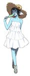  arm_behind_back black_hair blue_skin crossed_legs dragon_quest dragon_quest_x dress eating flower food full_body hat hat_flower head_fins highres looking_away looking_to_the_side no_shoes open_mouth popsicle purple_eyes saharada sandals short_hair sleeveless sleeveless_dress solo spaghetti_strap standing straw_hat sun_hat sundress watson_cross weddie_(dq10) white_background white_dress 