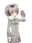  animal bird buttons commentary_request eyebrows_visible_through_hair fur_collar grey_hair hair_between_eyes ichihyaku_nanajuu kemono_friends long_sleeves multicolored_hair northern_white-faced_owl northern_white-faced_owl_(kemono_friends) owl short_hair white_hair wings yellow_eyes 