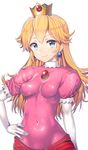 bangs blonde_hair blue_eyes blush bodysuit breasts covered_navel covered_nipples crown dress earrings elbow_gloves gloves hand_on_hip impossible_clothes jewelry long_hair looking_at_viewer mario_(series) nagase_haruhito pink_bodysuit pink_dress princess_peach puffy_short_sleeves puffy_sleeves shiny shiny_clothes short_sleeves simple_background skin_tight small_breasts smile solo super_mario_bros. white_background white_gloves 