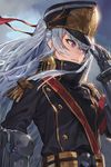  altair_(re:creators) cloud cloudy_sky double-breasted epaulettes gloves gold_trim hat highres military military_uniform mossi re:creators red_eyes shako_cap silver_hair sky turtleneck uniform 