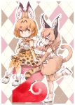  2 2girls animal_ears arm_up belt blonde_hair blush boot_bow boots bow bowtie caracal_(kemono_friends) caracal_ears caracal_tail checkered checkered_background cross-laced_clothes elbow_gloves extra_ears eyebrows_visible_through_hair gloves high-waist_skirt highres kemono_friends kolshica leg_up long_hair looking_at_another multiple_girls print_gloves print_legwear print_neckwear print_skirt serval_(kemono_friends) serval_ears serval_print shirt sitting skirt sleeveless sleeveless_shirt smile thighhighs yellow_eyes yellow_gloves yellow_legwear yellow_neckwear yellow_skirt 