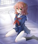  ahoge bed_sheet black_legwear blush breasts cleavage cosplay fate/extra fate/extra_ccc fate/grand_order fate_(series) fujimaru_ritsuka_(female) hair_ornament hair_scrunchie kishinami_hakuno_(female) kishinami_hakuno_(female)_(cosplay) kneehighs looking_at_viewer medium_breasts midriff no_shoes on_bed open_mouth orange_hair orange_scrunchie pillow school_uniform scrunchie serafuku shino-o short_hair side_ponytail sitting skirt smile solo sweat tsukumihara_academy_uniform_(fate/extra_ccc) twitter_username wariza window yellow_eyes 