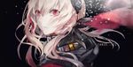  bandana black_background blonde_hair blurry commentary depth_of_field english_commentary girls_frontline highres jacket lanxee long_hair looking_at_viewer m4_sopmod_ii_(girls_frontline) multicolored_hair red_eyes red_hair streaked_hair text_focus two-tone_hair white_hair 