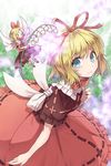  akidzuki_haruhi blonde_hair blue_eyes bow brown_shirt brown_skirt flower frilled_shirt_collar frilled_skirt frilled_sleeves frills hair_bow hair_ribbon lily_of_the_valley looking_at_viewer medicine_melancholy puffy_short_sleeves puffy_sleeves red_bow red_ribbon red_shirt red_skirt ribbon ribbon-trimmed_shirt ribbon-trimmed_skirt ribbon_trim shirt short_hair short_sleeves skirt smile solo su-san touhou white_bow wings 