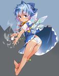  ass bare_legs barefoot blue_eyes blue_hair bow cirno dress flower from_behind full_body grin hair_bow hidden_star_in_four_seasons highres looking_back one-piece_tan panties ribbon short_hair sideways_mouth simple_background smile snowman solo striped striped_panties sunflower takotsu tan tanline tanned_cirno touhou underwear wings 