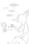 2017 akiric anthro baby black_and_white canine chair clothed clothing crossed_arms dialogue disney duo english_text food fox lagomorph male mammal monochrome nick_wilde rabbit simple_background sitting spoon text unseen_character white_background young zootopia 