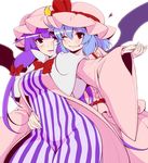  bat_wings blue_hair blush bow commentary_request eichi_yuu fang hair_between_eyes hair_bow hand_on_another's_stomach hat heart holding_hands long_hair mob_cap multiple_girls one_eye_closed patchouli_knowledge purple_eyes purple_hair red_bow red_eyes remilia_scarlet short_hair smile striped touhou wide_sleeves wings yuri 
