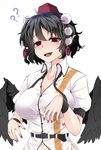  ?? belt black_hair black_wings breasts collarbone collared_shirt dress_shirt feathered_wings hat highres large_breasts nail_polish navel open_mouth pointy_ears pom_pom_(clothes) red_eyes revision rihito_(usazukin) shameimaru_aya shirt short_hair simple_background smile solo sweat tokin_hat touhou upper_body white_background white_shirt wing_collar wings wrist_cuffs 