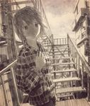  absurdres building city hand_on_own_chest hand_up highres monochrome original parted_lips plaid plaid_shirt shirt short_hair sketch sky solo stairs tokunaga_akimasa traditional_media wing_collar 