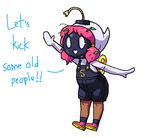  bob-omb child clothing dialogue english_text eyelashes female hair humanoid hybrid leaf mario_bros mask mataknight nintendo open_mouth outta_sync overalls pink_hair shy-bomb shygirl shyguy simple_background smile solo text video_games white_background wind-up_key young 