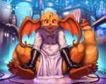  anthro clothing fur gloves hair kilver lab_coat lombax looking_at_viewer male open_mouth ratchet_and_clank sitting smile solo technology thick_thighs video_games 