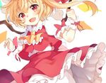  :d ascot blonde_hair bloomers blush clenched_hand collared_shirt commentary_request fang flandre_scarlet hat jumping looking_at_viewer mob_cap open_mouth paragasu_(parags112) petticoat puffy_short_sleeves puffy_sleeves red_eyes shirt short_hair_with_long_locks short_sleeves side_ponytail skirt skirt_set smile solo touhou underwear vest wings wrist_cuffs 