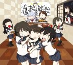  6+girls akagi_(kantai_collection) anger_vein bangs black_eyes black_hair black_legwear blush braid brown_hair cheek_poking cooking dokan_(dkn) eating eyebrows_visible_through_hair eyes_closed food fubuki_(kantai_collection) hair_between_eyes hair_ribbon hatsuyuki_(kantai_collection) headgear holding holding_food hug indoors isonami_(kantai_collection) japanese_clothes kantai_collection long_hair miyuki_(kantai_collection) multiple_girls murakumo_(kantai_collection) night open_mouth poking ribbon sailor_collar school_uniform serafuku shikinami_(kantai_collection) shirt short_hair sign single_braid smile socks surprised sweat sweatdrop teeth translation_request uranami_(kantai_collection) window 