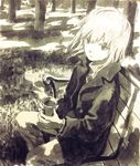  absurdres bench closed_mouth cup drink grass highres holding holding_cup hot_drink jacket looking_at_another looking_at_viewer monochrome original pants short_hair sitting solo steam tokunaga_akimasa traditional_media tree white_hair 