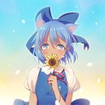  bad_id bad_pixiv_id blue_bow blue_dress blue_eyes blue_hair bow cirno covered_mouth dress flower hair_bow hidden_star_in_four_seasons kemonomimi_mode looking_at_viewer philomelalilium puffy_short_sleeves puffy_sleeves ringed_eyes short_hair short_sleeves solo sunflower tan tanned_cirno touhou upper_body 