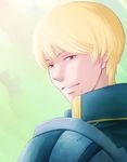  armor back blonde_hair brown_eyes cleive ebi_puri_(ebi-ebi) fire_emblem fire_emblem_echoes:_mou_hitori_no_eiyuuou green_background male_focus mole mole_under_mouth portrait solo teeth 