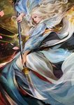  chinese_clothes commentary doji_hotaru english_commentary fighting_stance glaive highres legend_of_the_five_rings lips long_hair muju nose silver_hair solo watermark weapon wide_sleeves 