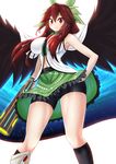  &gt;:) arm_cannon ass_visible_through_thighs belt bike_shorts bird_wings black_legwear black_wings blush bow breasts brown_hair cameltoe cape damao_yu green_bow hair_bow hand_on_hip highres kneehighs large_breasts long_hair looking_at_viewer md5_mismatch navel red_eyes reiuji_utsuho revision shirt shorts shorts_under_skirt skirt sleeveless sleeveless_shirt smile solo third_eye touhou v-shaped_eyebrows weapon wings 