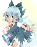  absurdres bangs blue_bow blue_dress blue_eyes blue_hair blush bow cirno dress eyebrows eyebrows_visible_through_hair finger_to_cheek flower hair_between_eyes hair_bow hidden_star_in_four_seasons highres ice ice_wings kuromame_(8gou) leaf looking_at_viewer plant short_hair short_sleeves smile solo sunflower tan tanned_cirno touhou vines wings 