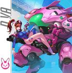  :3 absurdres acronym adapted_costume alternate_hairstyle arm_at_side arm_cannon bangs black_hairband blue_leotard bodysuit breasts brown_eyes brown_hair bunny_earrings bunny_hair_ornament ch_(yan22947) character_name clothes_writing covered_nipples d.va_(overwatch) earrings emblem eyebrows_visible_through_hair facepaint facial_mark finger_on_trigger full_body gatling_gun gloves gun hair_ornament hairband hand_up handgun headphones high_collar high_heels highleg highleg_leotard highres holding holding_gun holding_weapon impossible_clothes impossible_leotard jewelry knee_pads knee_up large_breasts leotard lips long_hair long_legs looking_at_viewer lying mecha medium_breasts meka_(overwatch) nose on_back on_mecha overwatch partly_fingerless_gloves pauldrons pilot_suit pink_lips pinky_out pistol ribbed_bodysuit shoes shoulder_pads single_shoe single_thigh_boot skin_tight smile solo teeth thigh_strap turtleneck twintails upper_teeth v-shaped_eyebrows weapon whisker_markings white_footwear white_gloves zipper 