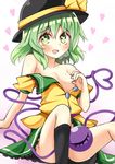  aki_chimaki bangs bare_shoulders black_hat blush bow breasts collarbone convenient_leg eyebrows_visible_through_hair frilled_skirt frills green_eyes green_hair green_skirt hair_between_eyes hat hat_bow heart heart-shaped_pupils heart_of_string komeiji_koishi looking_at_viewer off_shoulder open_mouth short_hair short_sleeves sitting skirt small_breasts smile solo sweat symbol-shaped_pupils third_eye touhou white_background yellow_bow 