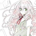  curly_hair glasses green_eyes hel_(matantei_loki_ragnarok) long_hair matantei_loki_ragnarok pen pink_hair smile solo temaroppu_(ppp_10cc) traditional_media 