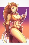  2017 abs anthro armor aztec biceps big_breasts blades bracers breasts choker cleavage clothed clothing cougar digital_media_(artwork) dreadlocks eyelashes fe&#039;lis feline female fur gauntlets gloves hair jewelry loincloth mammal melee_weapon muscular secretly_saucy simple_background smile solo standing thick_thighs underwear weapon wide_hips 