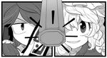  arm_cannon bad_id bad_twitter_id braid close-up comic commentary_request control_rod furukawa_(yomawari) greyscale grin hair_tubes hakurei_reimu hat holding kirisame_marisa monochrome multiple_girls ofuda single_braid smile symmetry touhou weapon 