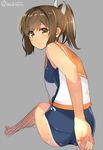  bad_hands bare_shoulders brown_eyes brown_hair i-401_(kantai_collection) isshiki_(ffmania7) kantai_collection looking_back one-piece_swimsuit ponytail sailor_collar school_swimsuit school_uniform short_hair short_ponytail sketch smile solo swimsuit swimsuit_under_clothes tan tanline 