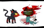  breathing_fire burn_mark claws crossed_legs dot_pupils fire furukawa_(yomawari) gen_2_pokemon gen_7_pokemon litten no_humans pillow pokemon pokemon_(creature) sitting sneasel translation_request yellow_sclera 